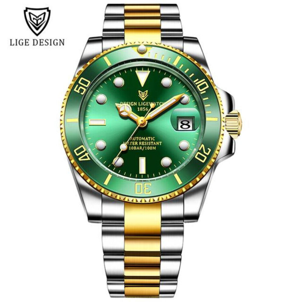 Maxpower (Gold,Green) 2021 Lige New Watch Men Automatic Mechanical Tourbillon Clock Fashion Sport Diving Watch 100Atm Waterproof Luminous Watches Mens