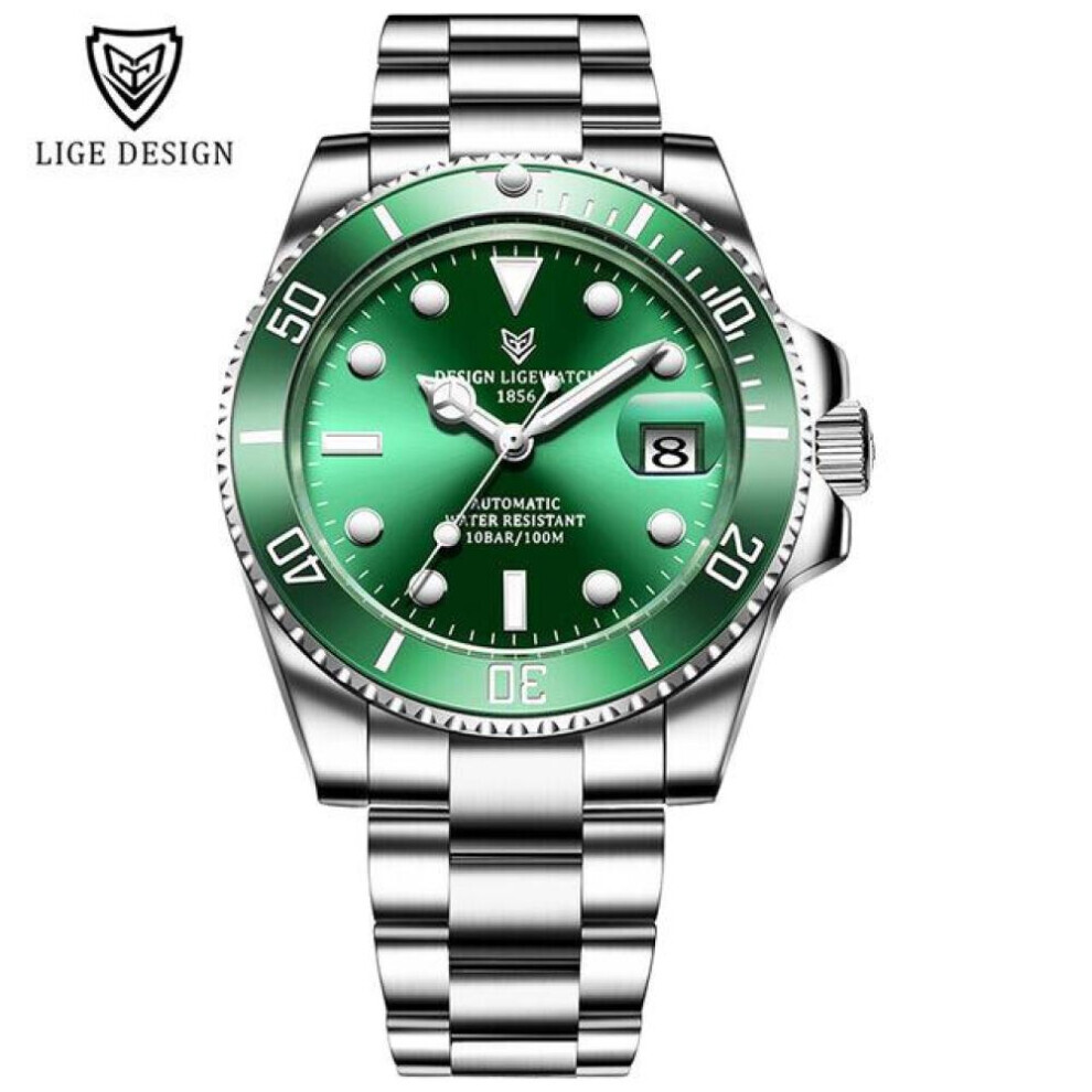 Maxpower (Silver,Green) 2021 Lige New Watch Men Automatic Mechanical Tourbillon Clock Fashion Sport Diving Watch 100Atm Waterproof Luminous Watches Mens
