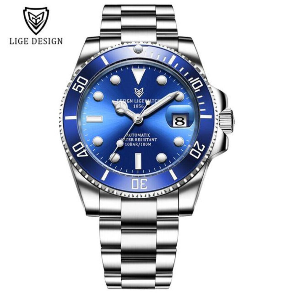Maxpower (Silver,Blue) 2021 Lige New Watch Men Automatic Mechanical Tourbillon Clock Fashion Sport Diving Watch 100Atm Waterproof Luminous Watches Mens