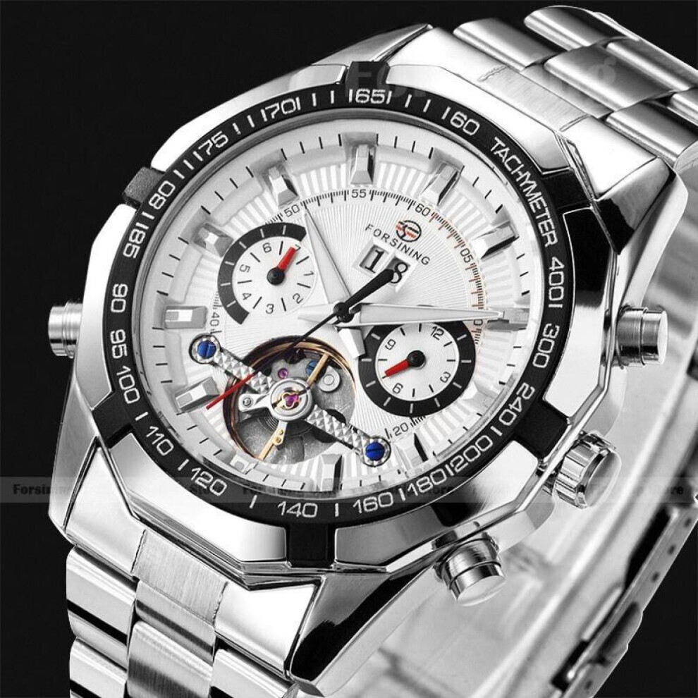 (silver, 205mm*24mm*46mm) Forsining Men Mechanical Automatic Tourbillon Sports Wristwatches Steel Luxury  Casual Watch