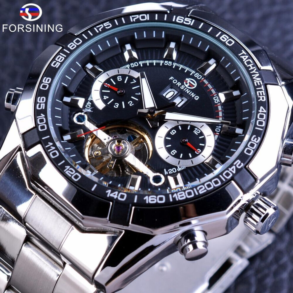 (silver,black, 205mm*24mm*46mm) Forsining Men Mechanical Automatic Tourbillon Sports Wristwatches Steel Luxury  Casual Watch
