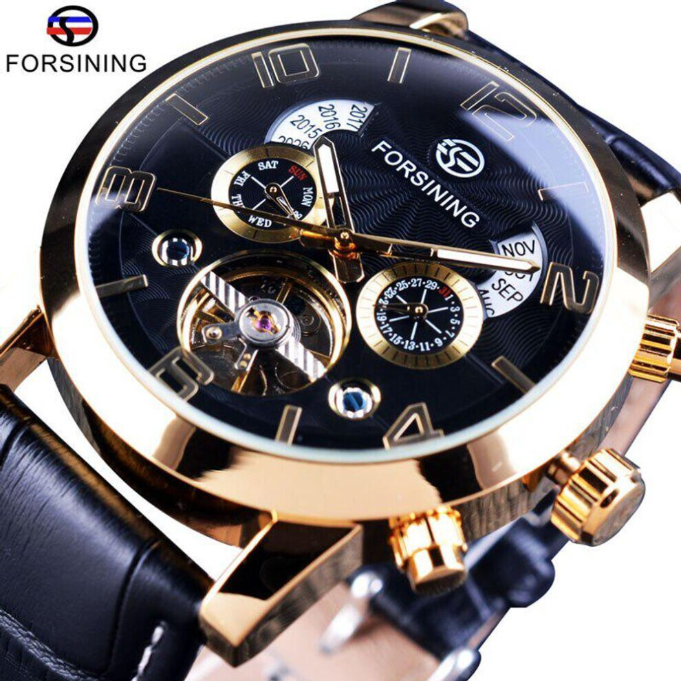 (grey,gold) Forsining Men&apos;s Luxury Tourbillon Automatic Mechanical Watch Wave Designdate Display Luminous Hands Water Resistant Fashionable Wrist Watch