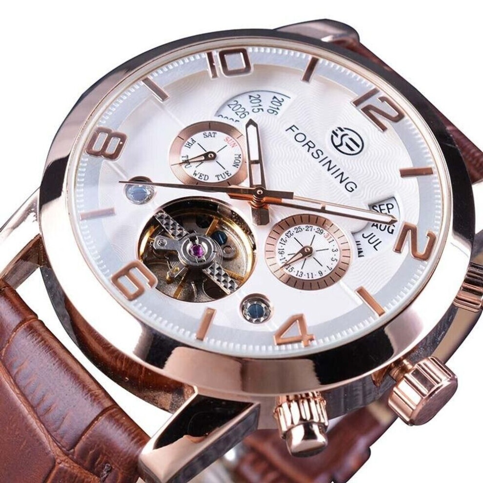 Maxpower (Brown) Forsining Men's Luxury Tourbillon Automatic Mechanical Watch Wave Designdate Display Luminous Hands Water Resistant Fashionable Wrist Wat
