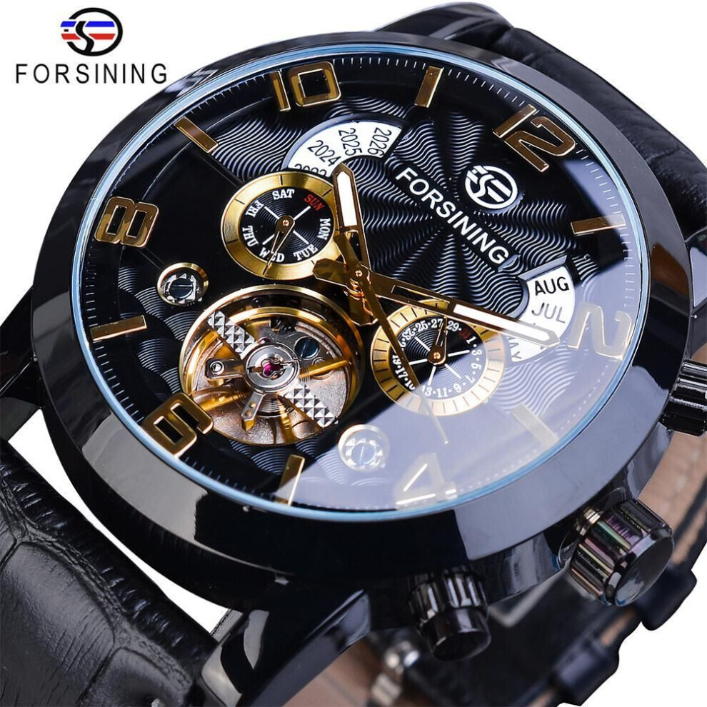(black,gold) Forsining Men&apos;s Luxury Tourbillon Automatic Mechanical Watch Wave Designdate Display Luminous Hands Water Resistant Fashionable Wrist Watch