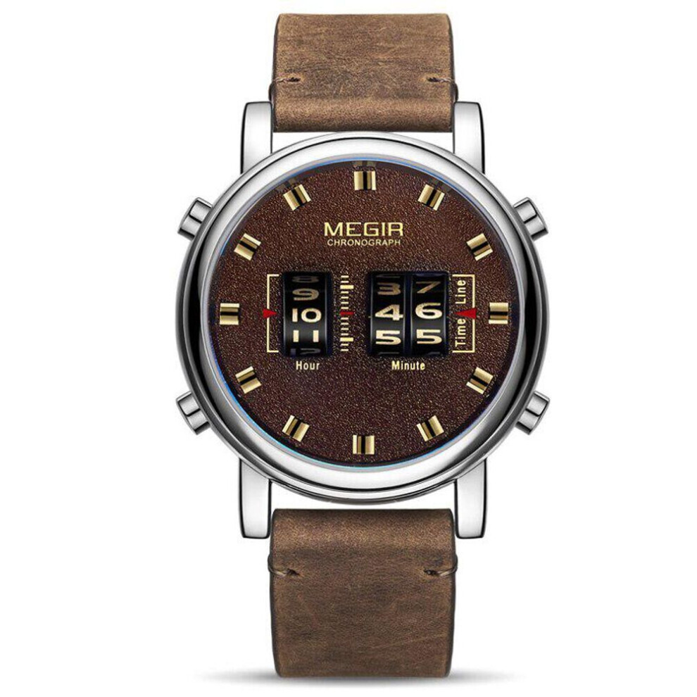 (silver,brown) Megir New Fashion Mens Watches With Leather Strap Top Brand Luxury Sports Quartz Watch Men Relogio Masculino Wristwatches