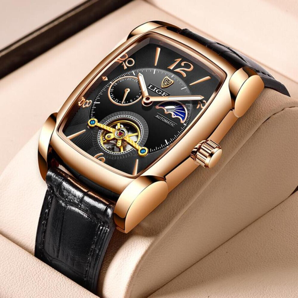 (rose gold,black) Lige Original Men Watch Fashion Casual Leather Strap Automatic Mechanical Watch Luminous Waterproof Chronograph