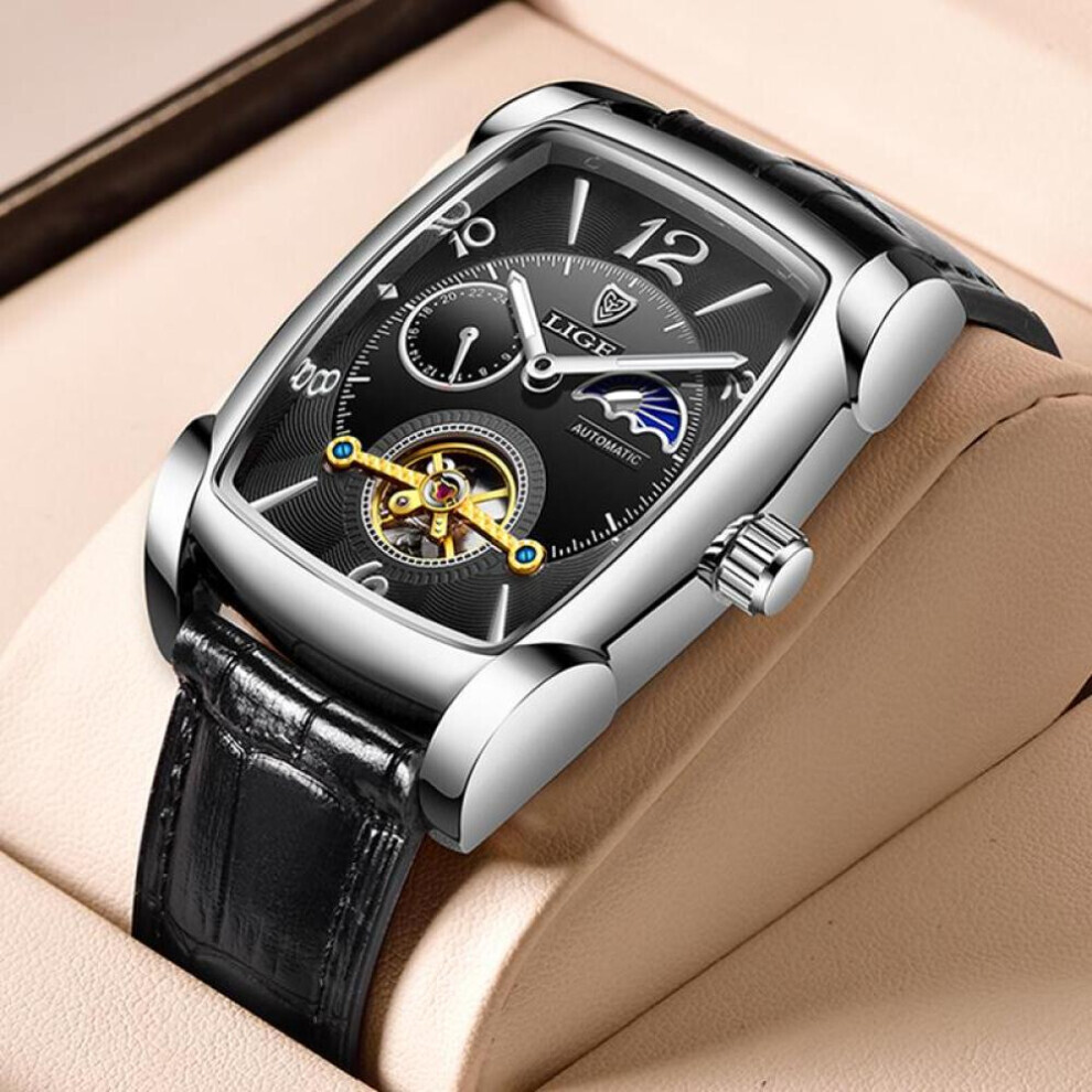 (silver,black) Lige Original Men Watch Fashion Casual Leather Strap Automatic Mechanical Watch Luminous Waterproof Chronograph