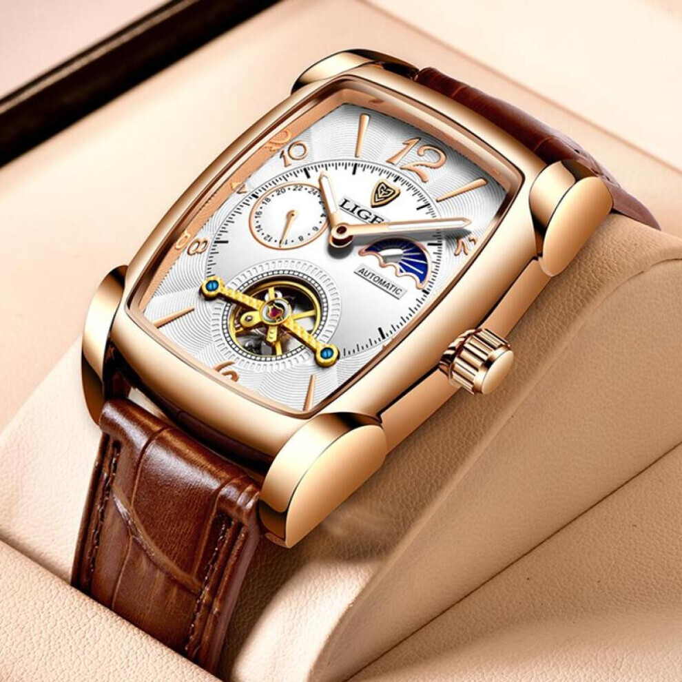 (rose gold,white) Lige Original Men Watch Fashion Casual Leather Strap Automatic Mechanical Watch Luminous Waterproof Chronograph