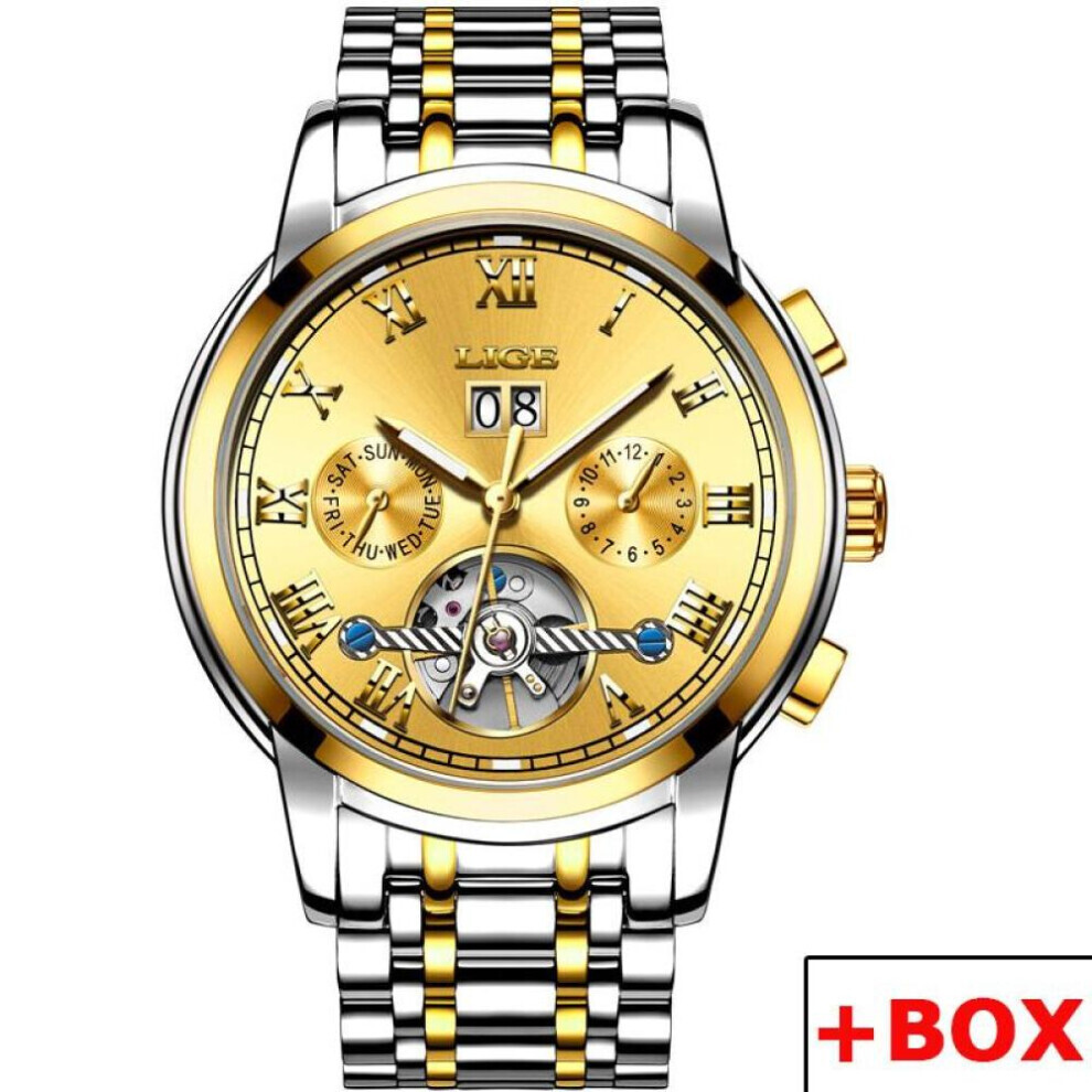 (Gold) LIGE New Mechanical Men Watches Top Brand Luxury Business Watch Tourbillon Automatic Clock Waterproof Watches