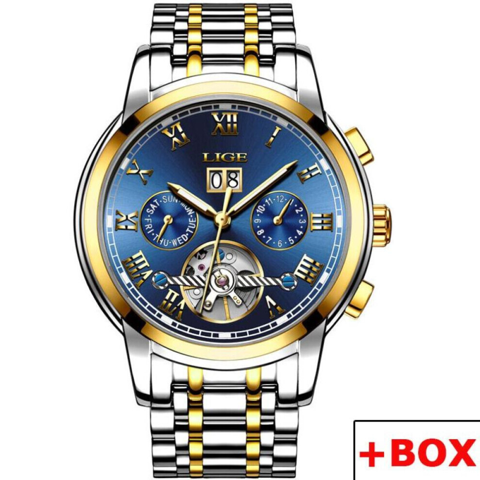 Maxpower (Gold Blue) Lige New Mechanical Men Watches Top Brand Luxury Business Watch Tourbillon Automatic Clock Waterproof Watches