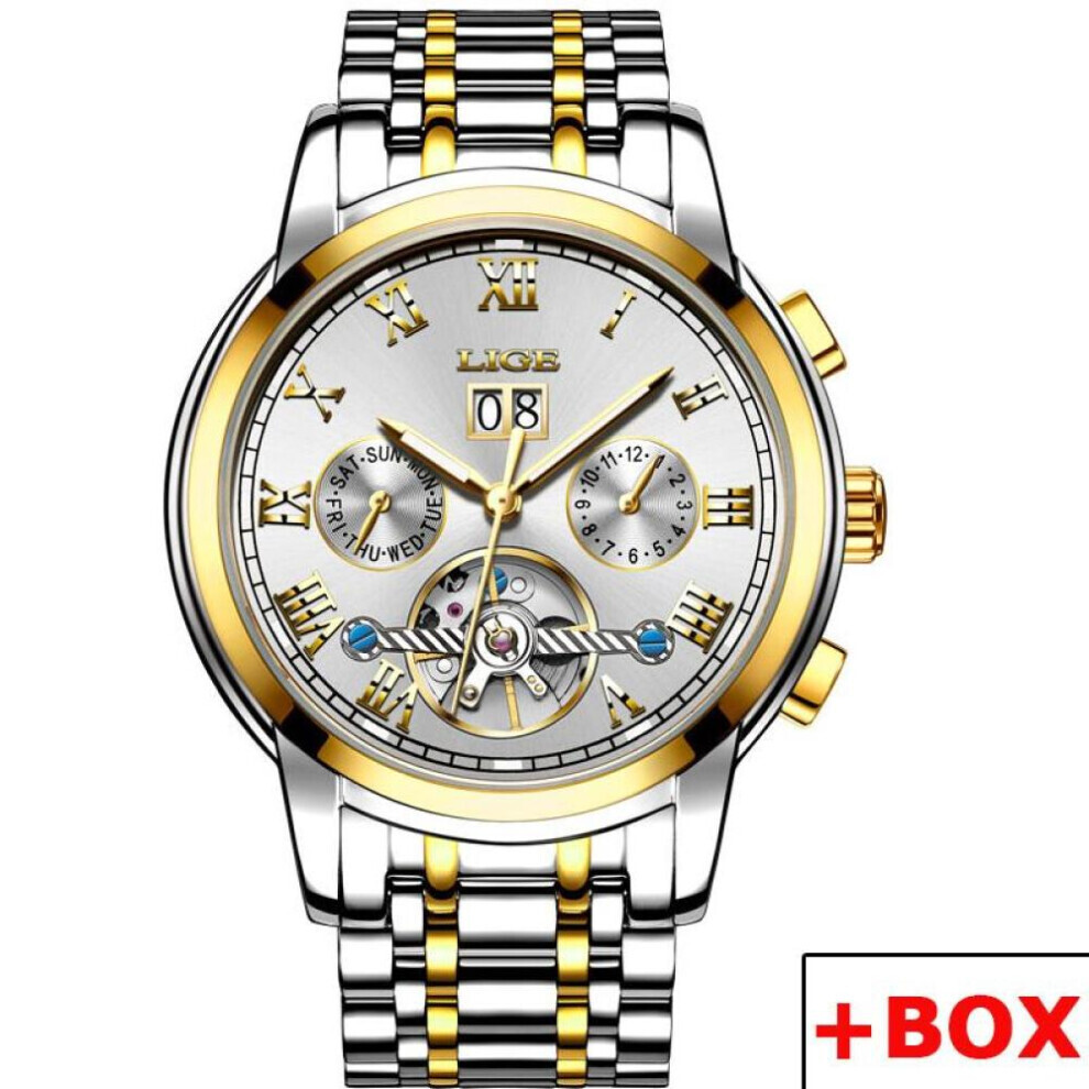 Maxpower (Gold White) Lige New Mechanical Men Watches Top Brand Luxury Business Watch Tourbillon Automatic Clock Waterproof Watches