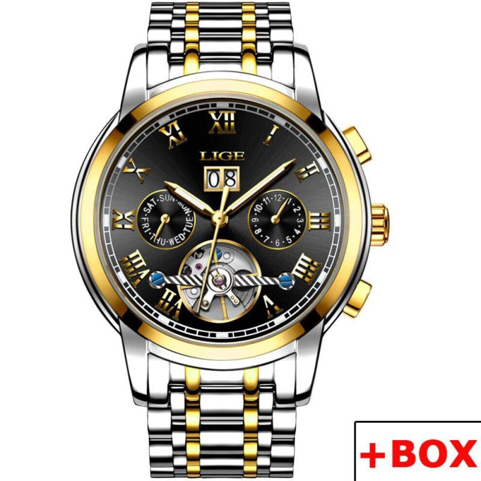(Gold Black) LIGE New Mechanical Men Watches Top Brand Luxury Business Watch Tourbillon Automatic Clock Waterproof Watches