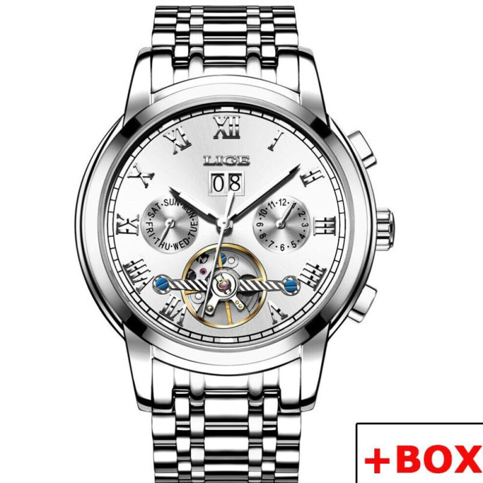 (Silver White) LIGE New Mechanical Men Watches Top Brand Luxury Business Watch Tourbillon Automatic Clock Waterproof Watches