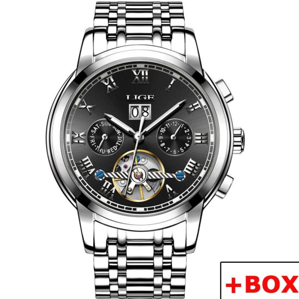 (Silver Black) LIGE New Mechanical Men Watches Top Brand Luxury Business Watch Tourbillon Automatic Clock Waterproof Watches