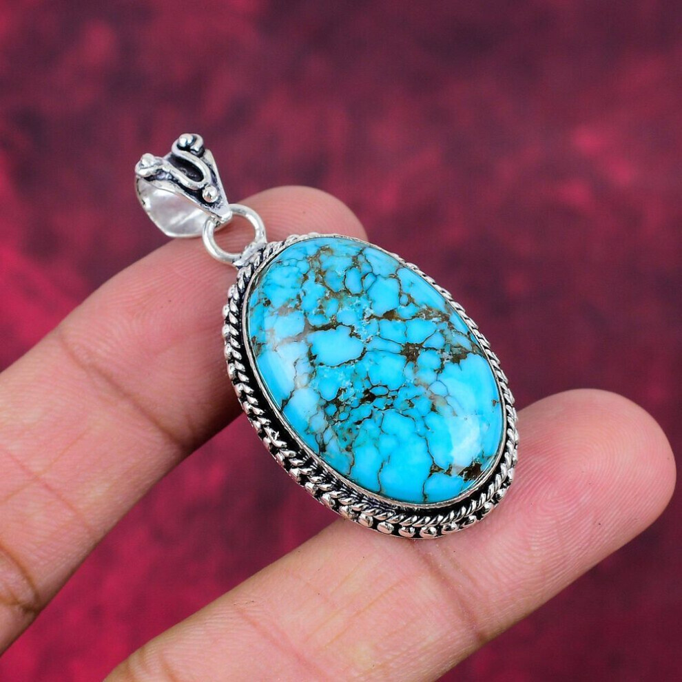 Maxpower (Blue, 2.04 Inches) Blue Turquoise Handmade Gemstone Pendant, 925 Solid Sterling Silver Antique Jewelry Pendant, For Engagement Gift Blue,Green,Silver