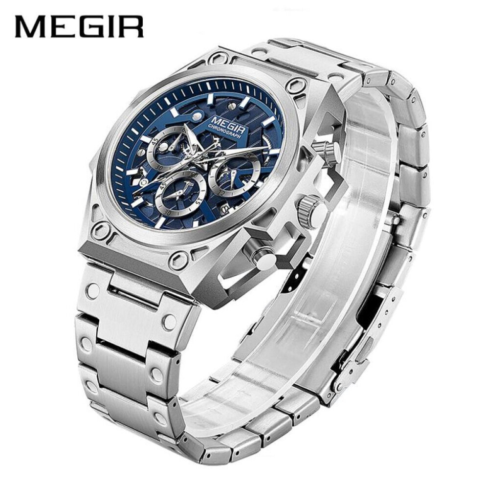 (silver) Megir Blue Stainless Steel Creative Design Men Quartz Wristwatch