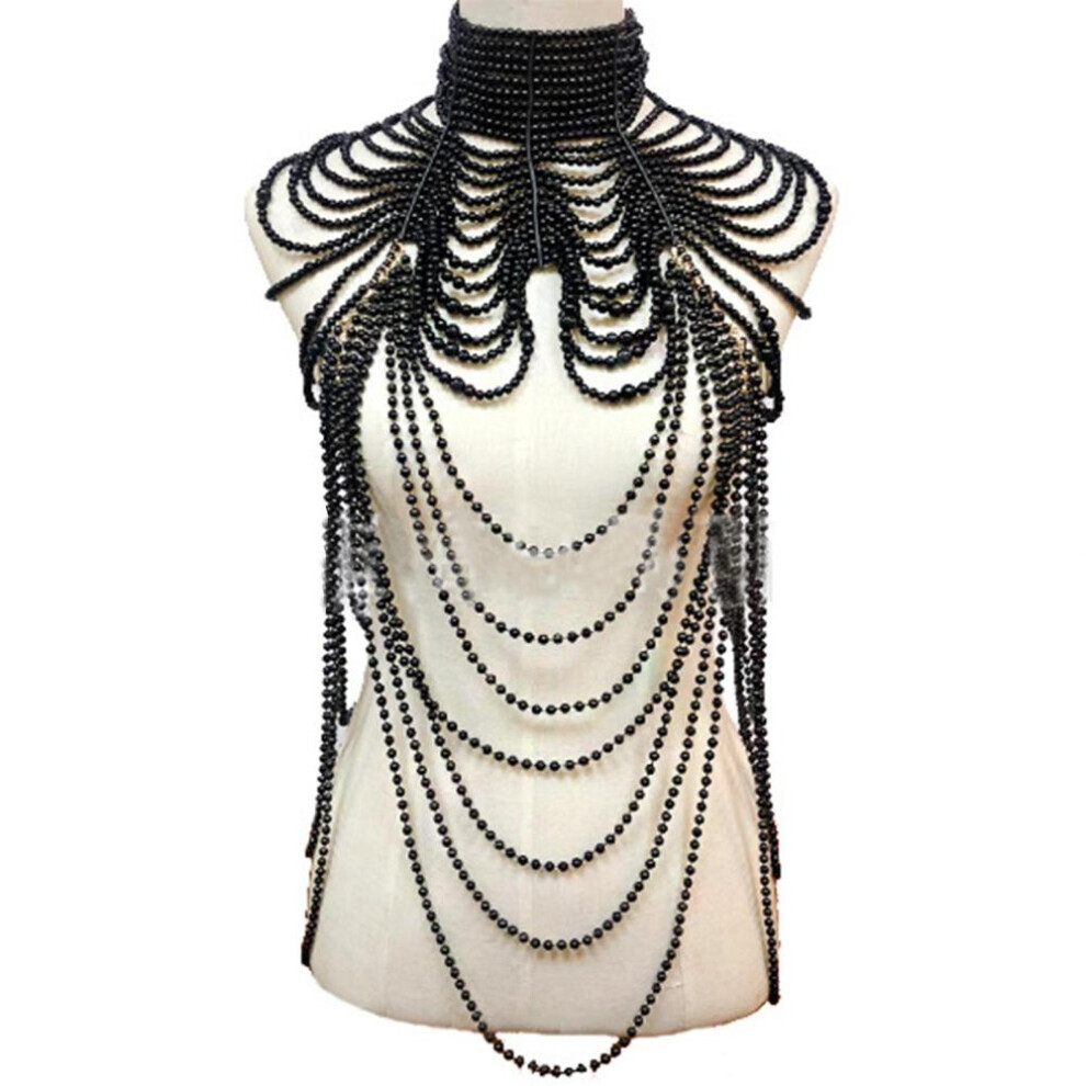 Maxpower (Black) Women Layered Faux Pearl Bib Necklace Collar Beads Tassel Jewelry Shoulder Chain White,Black