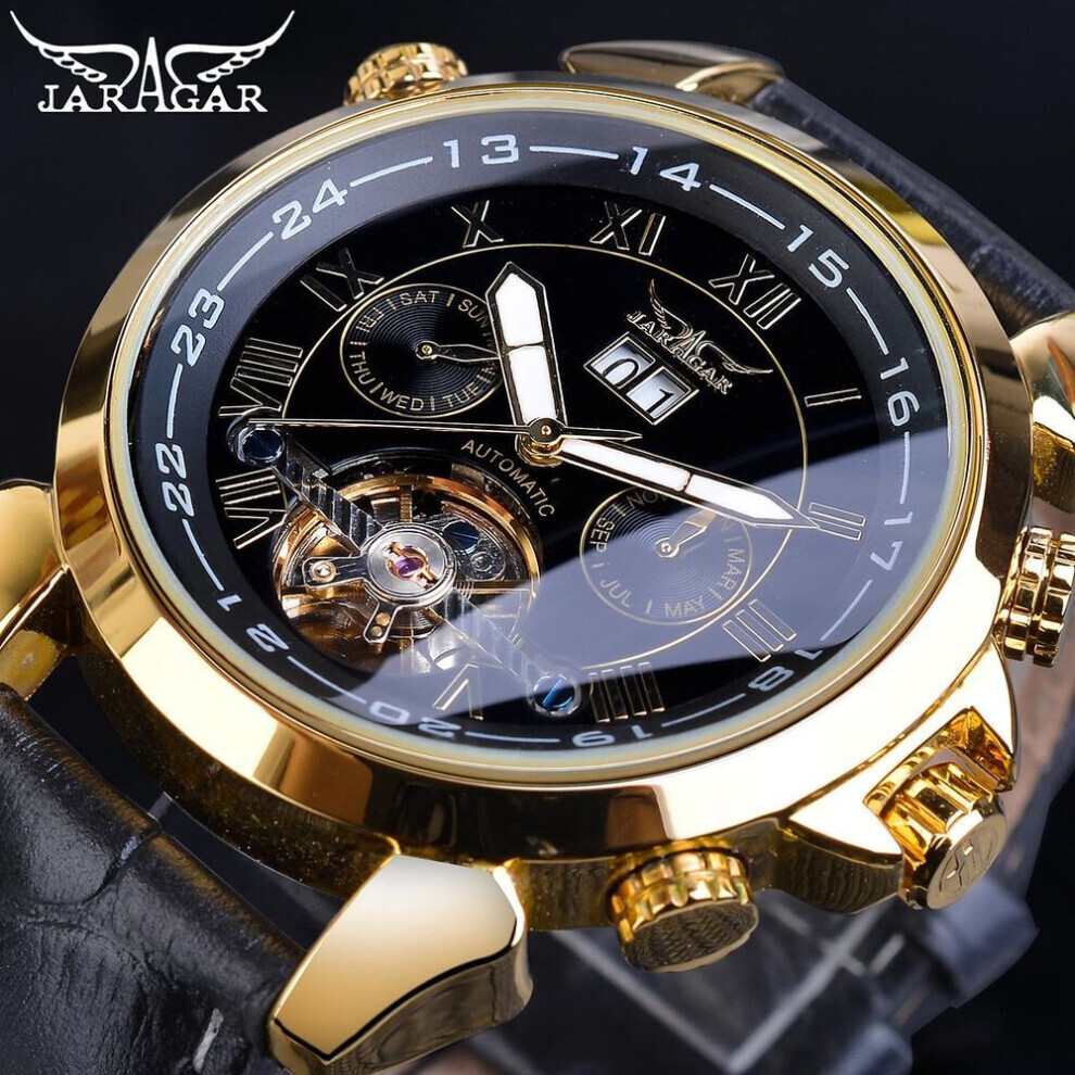 (black) Jaragar Men&apos;s Famous Mens Watches Top Brand Luxury Day/week Tourbillon Automatic Mechanical Watches Wristwatch Gift Box