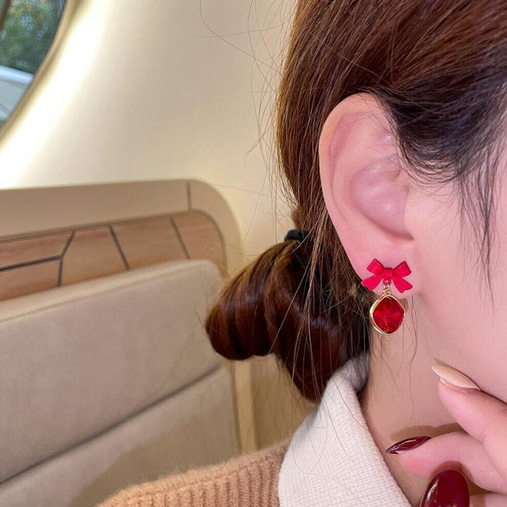 (red) Elegant Lady Black Zircon Bow Dangle Earrings For Women Personality Temperament Pendant Earrings Girls Jewelry Gift Accessories