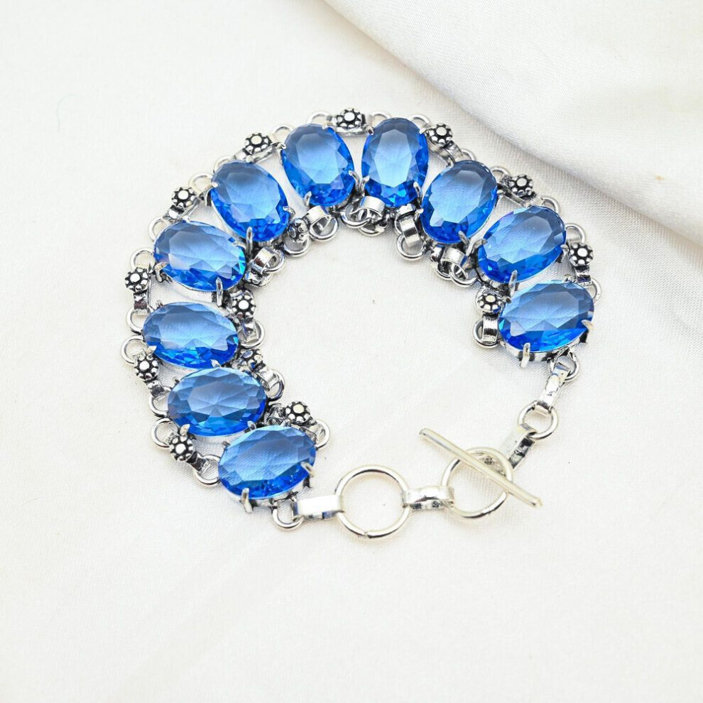 Maxpower (Blue, 8 Inches With Adjustable) Tanzanite 925 Sterling Silver Bracelet, Top Quality Gemstone Bracelet, Adjustable Chain Bracelet, Handmade Jewelry An Blue,Silver