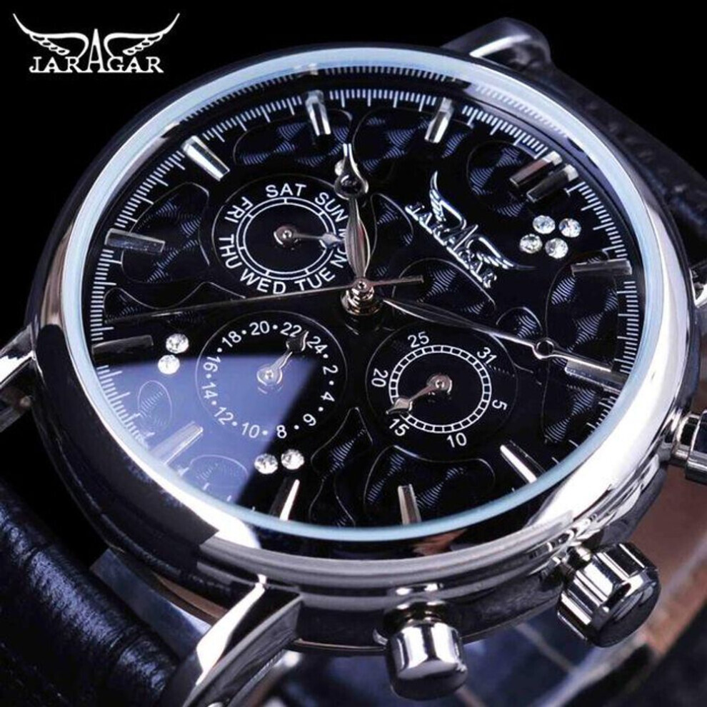 (black) Jaragar Brand Men Automatic Self Wind Mechanical Watch White 3 Dials Calendar Blue Hands Simple Business Leather Band Wristwatch