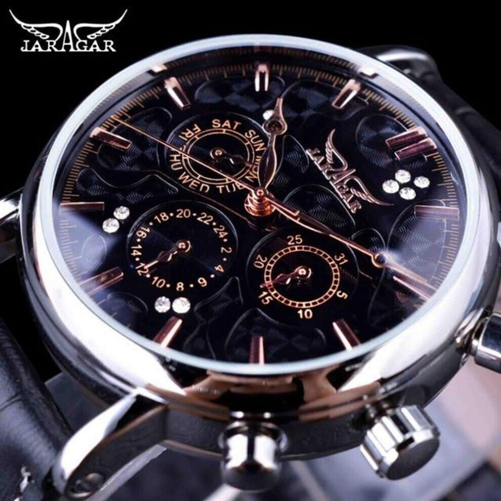 Maxpower (Black,Gold) Jaragar Brand Men Automatic Self Wind Mechanical Watch White 3 Dials Calendar Blue Hands Simple Business Leather Band Wristwatch