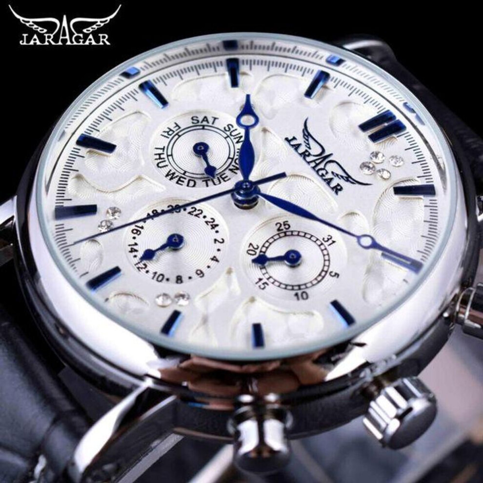 (blue) Jaragar Brand Men Automatic Self Wind Mechanical Watch White 3 Dials Calendar Blue Hands Simple Business Leather Band Wristwatch