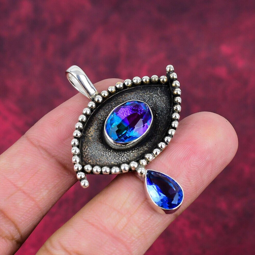 Maxpower (Blue, 1.96 Inches) Bi-Color Tourmaline, Tanzanite Handmade Gemstone Pendant, 925 Solid Sterling Silver Pendant Antique Jewelry, Pendant For Engagemen Blue,Silver