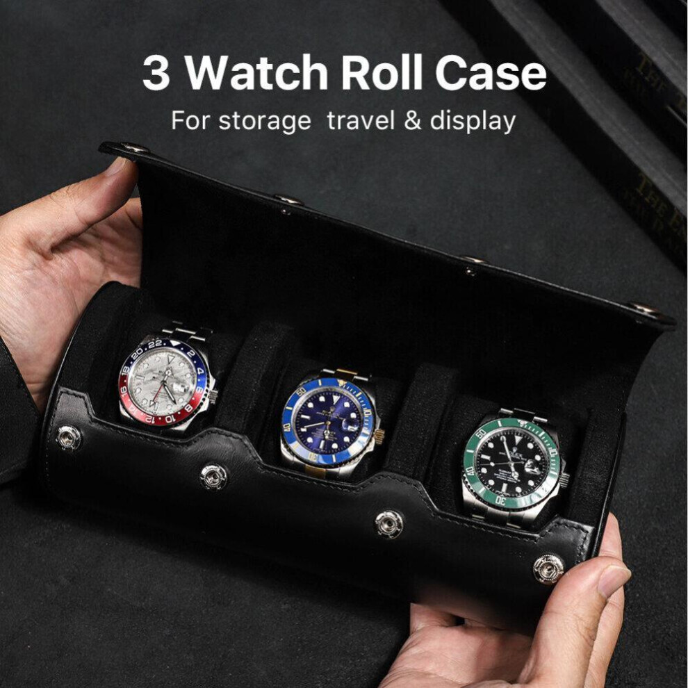 Maxpower (, 3 Slot) Luxury Watch Roll Box 3 Slot Leather Case Holder Men's And Women's Watch Storage Rack Display Black