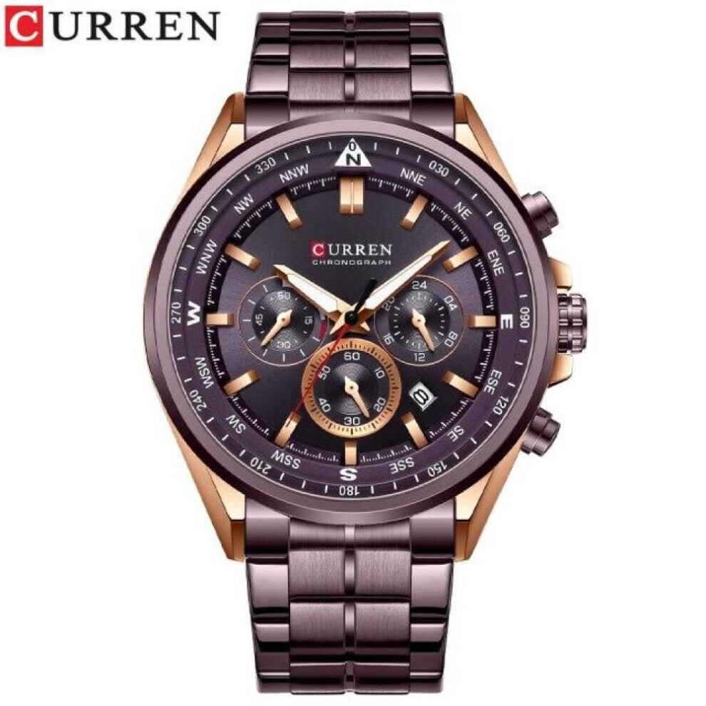 Maxpower (Coffee) Curren Men's Luxury Watches Fashion Sporty Wristwatches Male Chronograph Quartz Stainless Steel Clock With Luminous Hands 8399 Brown