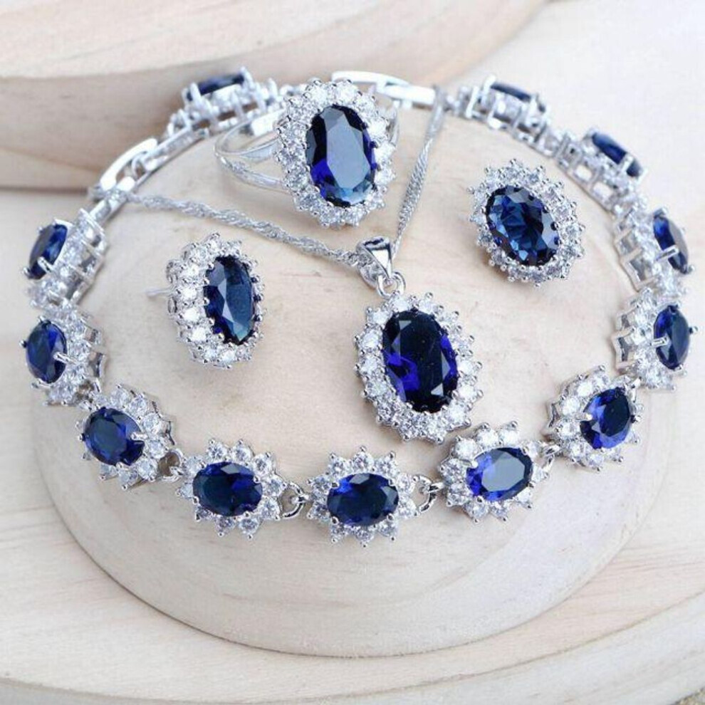 (as the picture, 10) Silver 925 Women Bridal Jewelry Sets Blue Zirconia Costume Fine Jewellery Wedding Necklace Earrings Rings Bracelets Pendant Set