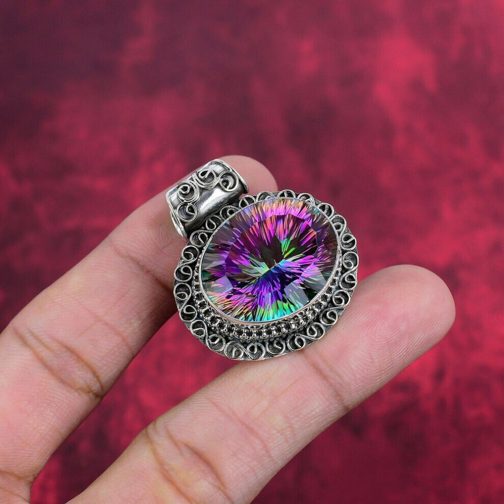 (white, 1.50 Inches) Mystic Topaz Pendant, 925 Solid Sterling Silver Jewelry, Gemstone Jewelry Pendant, Handmade Wedding Gift Jewelry