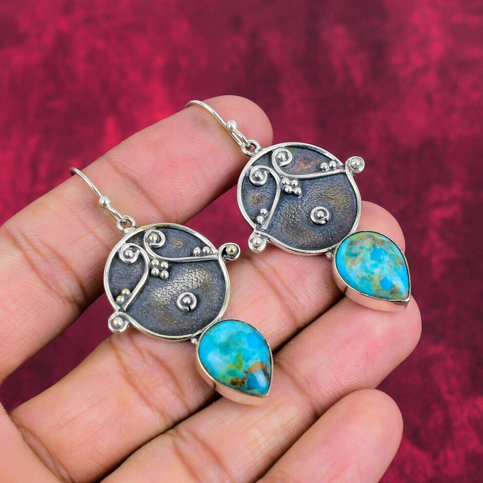 Maxpower (Blue, 2.24 Inches) Tibetan Turquoise Earrings Gemstone Jewelry, 925 Solid Sterling Silver Handmade Earrings, Latest Design Jewelry Blue,Green,Silver