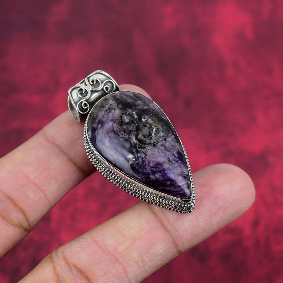 Maxpower (Purple, 1.93 Inches) Charoite Handmade Gemstone Pendant, 925 Solid Sterling Silver Pendant Antique Jewelry, For Engagement Gift Silver,Purple