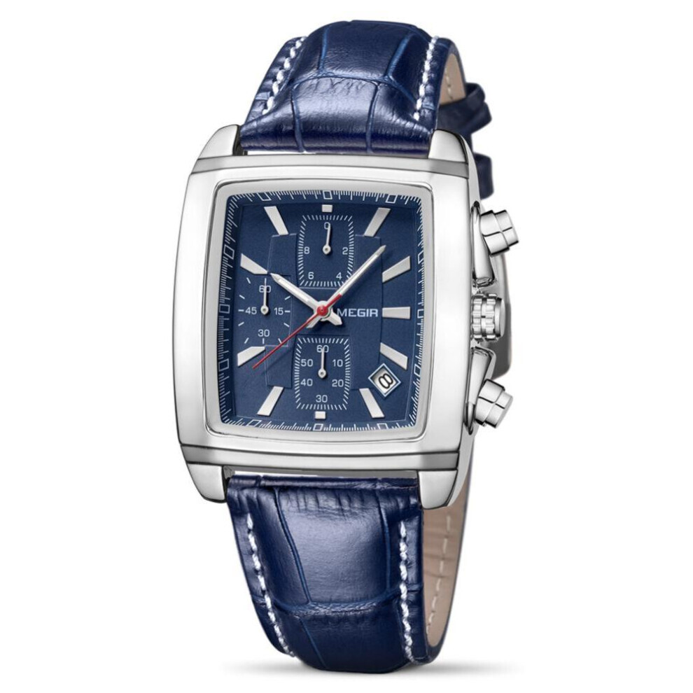 (Blue) MEGIR Men&apos;s Business Analog Chronograph Luminous Rectangle Quartz Watch with Stylish Leather Strap for Sport & Work 2028