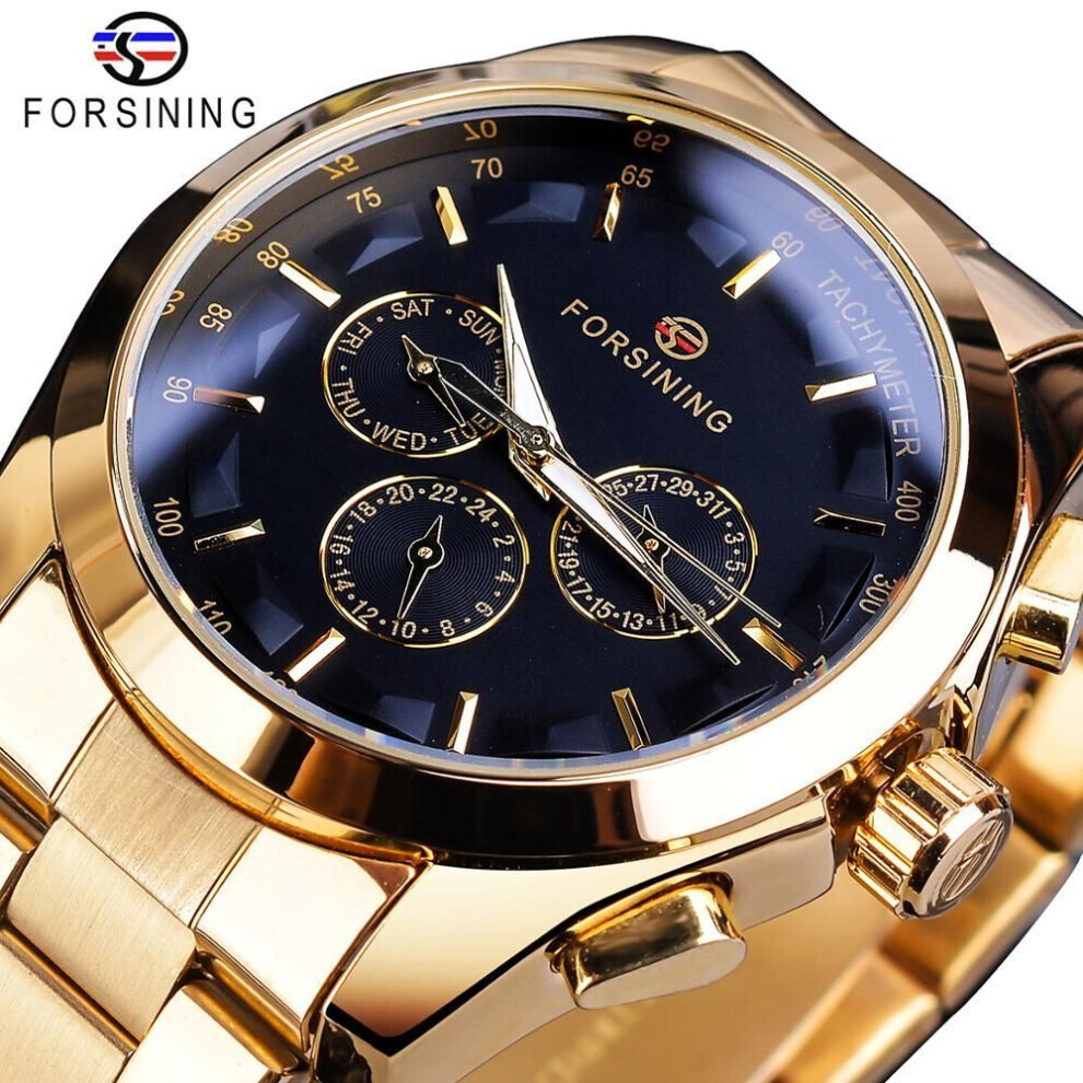 (black) Forsining Black Men&apos;s Mechanical Watch 3 Dial Calendar Automatic Self-wind Clock Business Sport Stainless Steel Belts Wristwatch