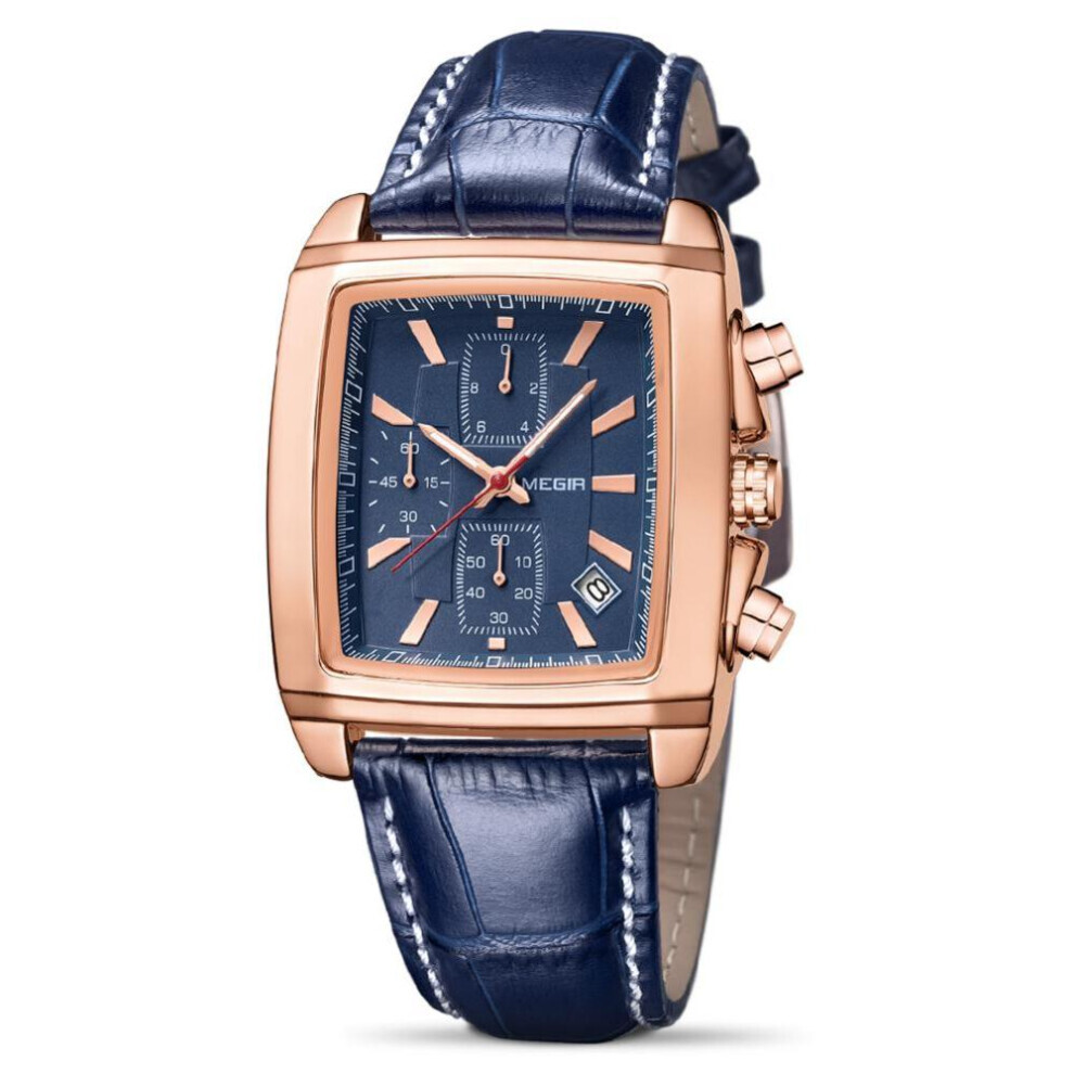 Maxpower (Rose ) Megir Men's Business Analog Chronograph Luminous Rectangle Quartz Watch With Stylish Leather Strap For Sport & Work 2028 Blue