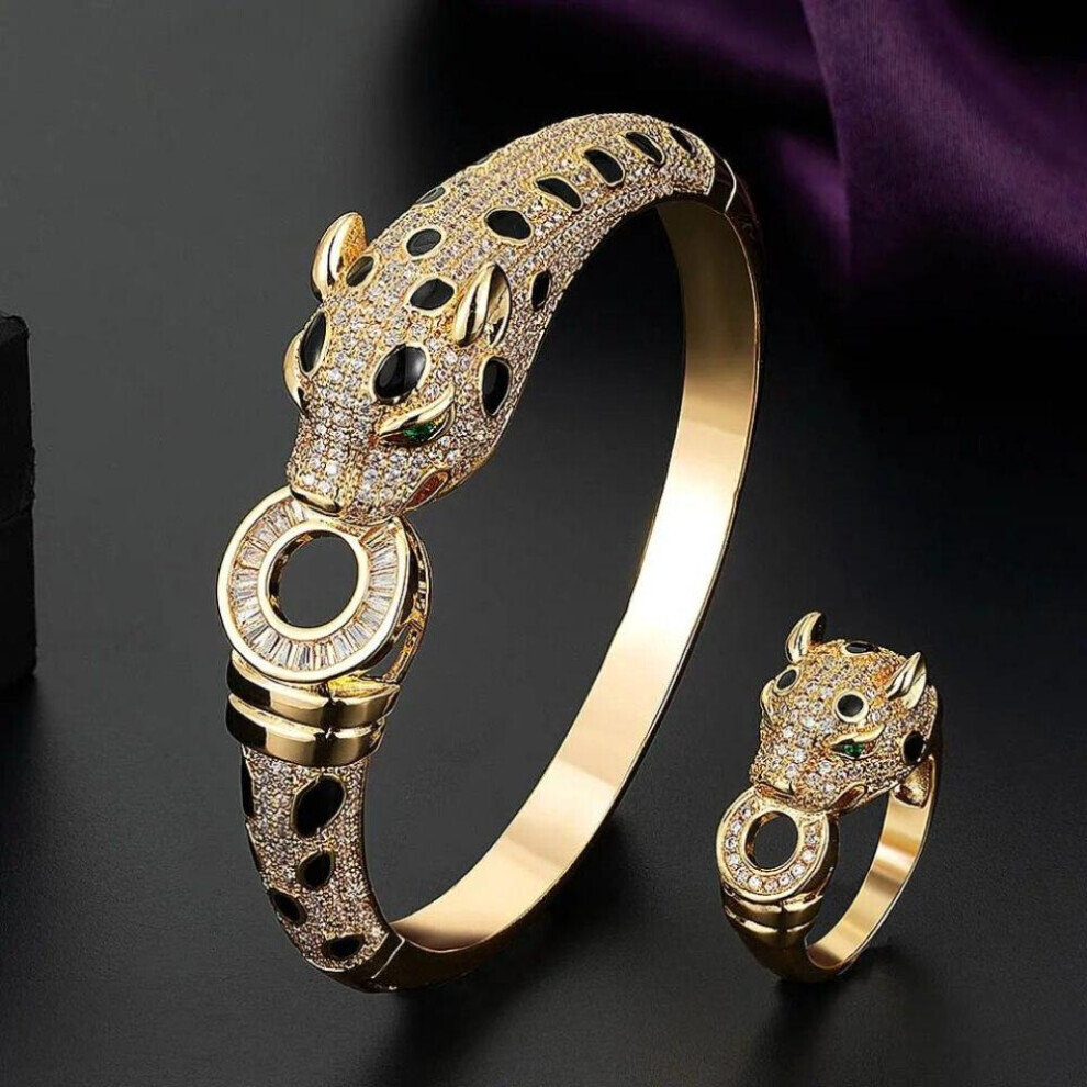 (003 gold ring 9) Zlxgirl Jewelry Jet Cubic Zircon Leopard Animal Bridal Bangle Jewelry Europe Design Copper Bracelet Women&apos;s Size Bracelet&bangle