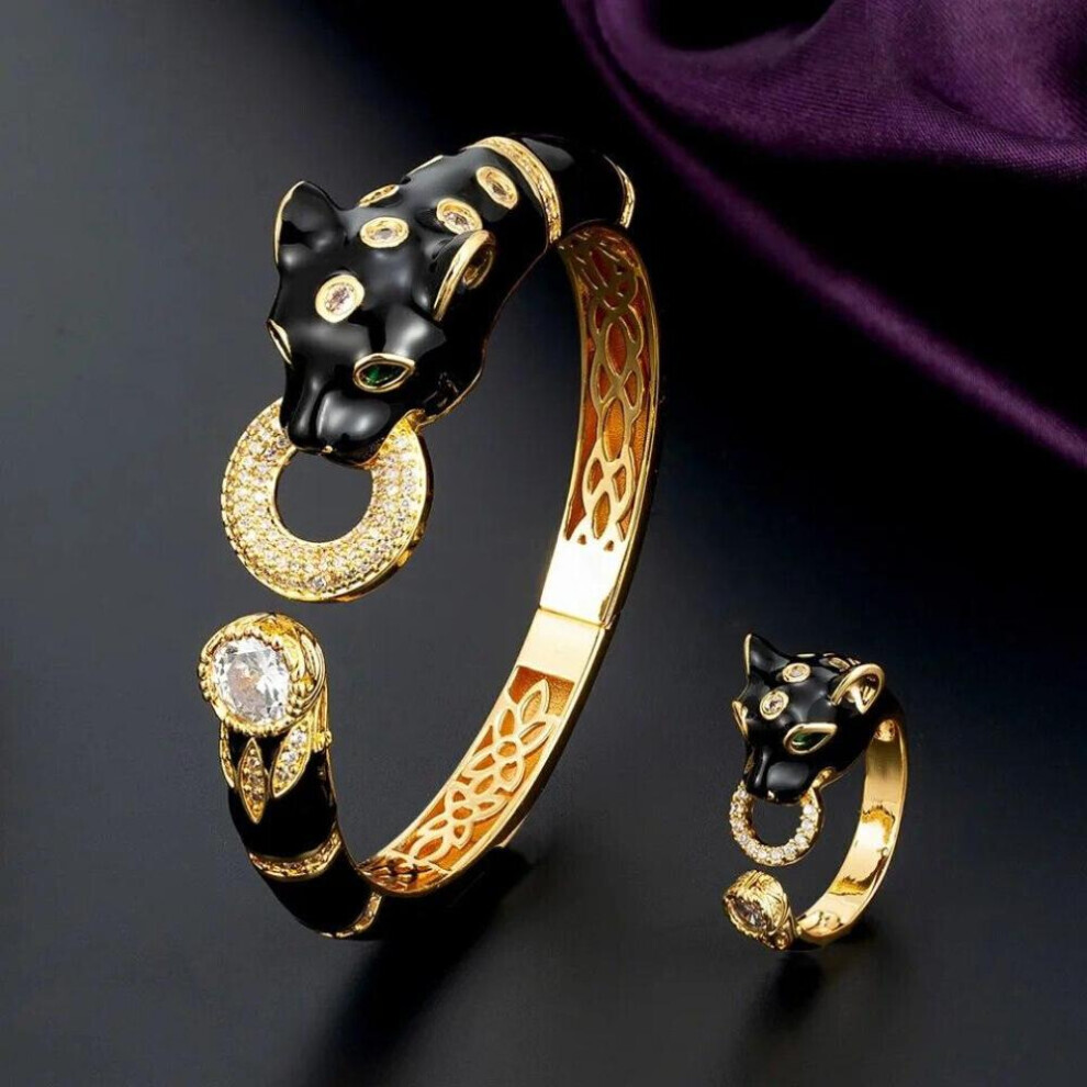 Maxpower (004 Ring 9) Zlxgirl Jewelry Jet Cubic Zircon Leopard Animal Bridal Bangle Jewelry Europe Design Copper Bracelet Women's Size Bracelet&Bangl Gold