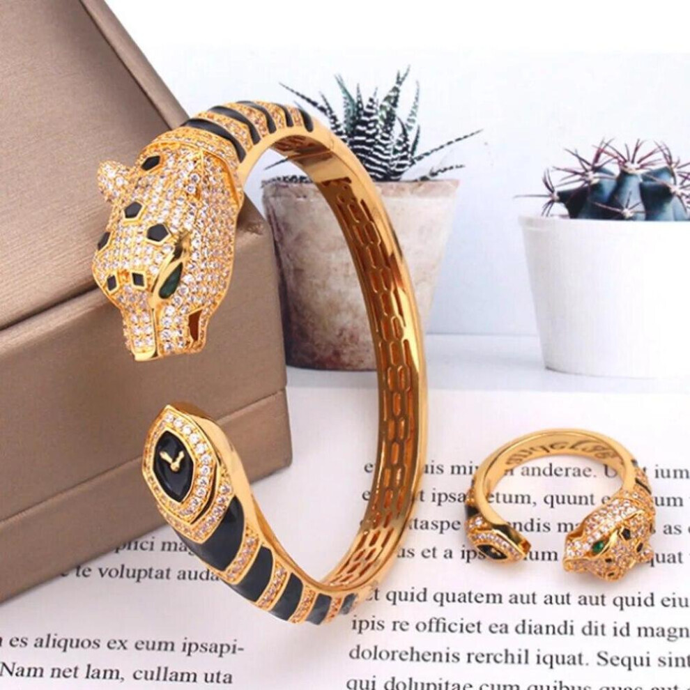 Maxpower (005 Ring 7) Zlxgirl Jewelry Jet Cubic Zircon Leopard Animal Bridal Bangle Jewelry Europe Design Copper Bracelet Women's Size Bracelet&Bangl Gold