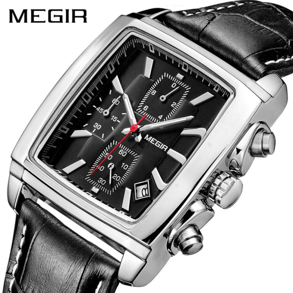 (Black) MEGIR Men&apos;s Business Analog Chronograph Luminous Rectangle Quartz Watch with Stylish Leather Strap for Sport & Work 2028