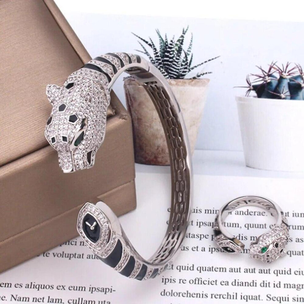 Maxpower (005 Ring7) Zlxgirl Jewelry Jet Cubic Zircon Leopard Animal Bridal Bangle Jewelry Europe Design Copper Bracelet Women's Size Bracelet&Bang Silver
