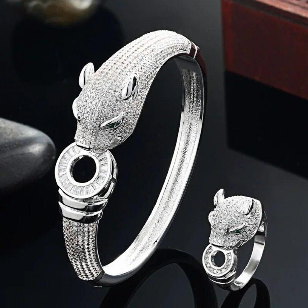 Maxpower ( Ring 8) Zlxgirl Jewelry Jet Cubic Zircon Leopard Animal Bridal Bangle Jewelry Europe Design Copper Bracelet Women's Size Bracelet&Bangle Silver