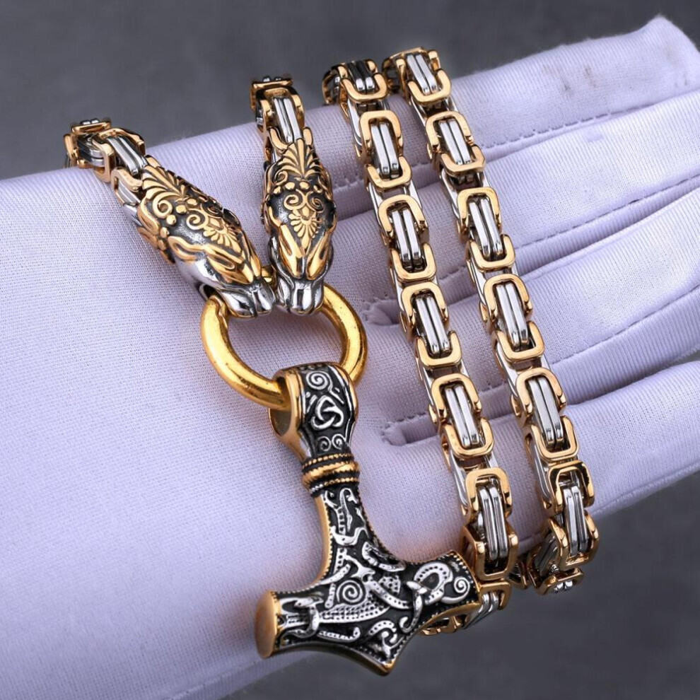 (as the picture, 60cm) Vintage Viking Dragon Head Amulet Thor&apos;s Hammer 316l Stainless Steel Pendant Necklace Pirate King Chain With Valknut Gift Bag