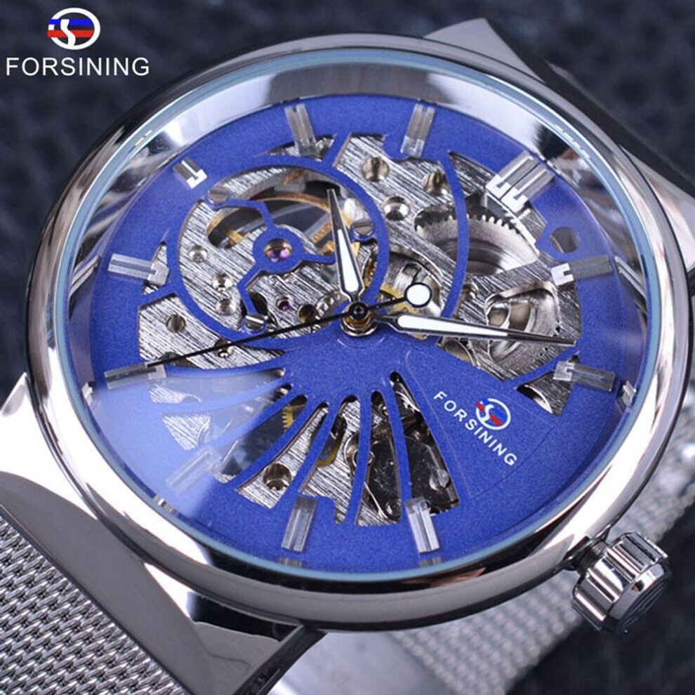 (blue) Forsining Men&apos;s  Watch Full  Stainless Steel Transparent Automatic Mechanical Watch Skeleton Steampunk Clock Men Relogio