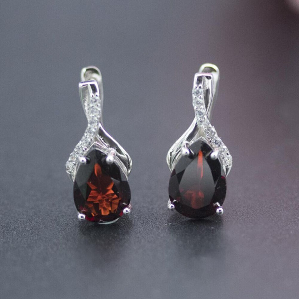 Maxpower (Red, M) 100% Natural Garnet Stud Clasp Earrings 925 Sterling Silver Pear 9*7Mm Gemstone Jewelry For Women Wife Girl Gift Red,Silver