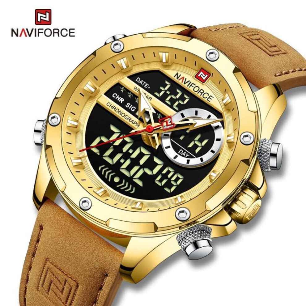 Maxpower (Gold, 260Mm) Naviforce Nf9208 Dual Display Quartz Analog Lcd Digital Men's Watch Leather Strap
