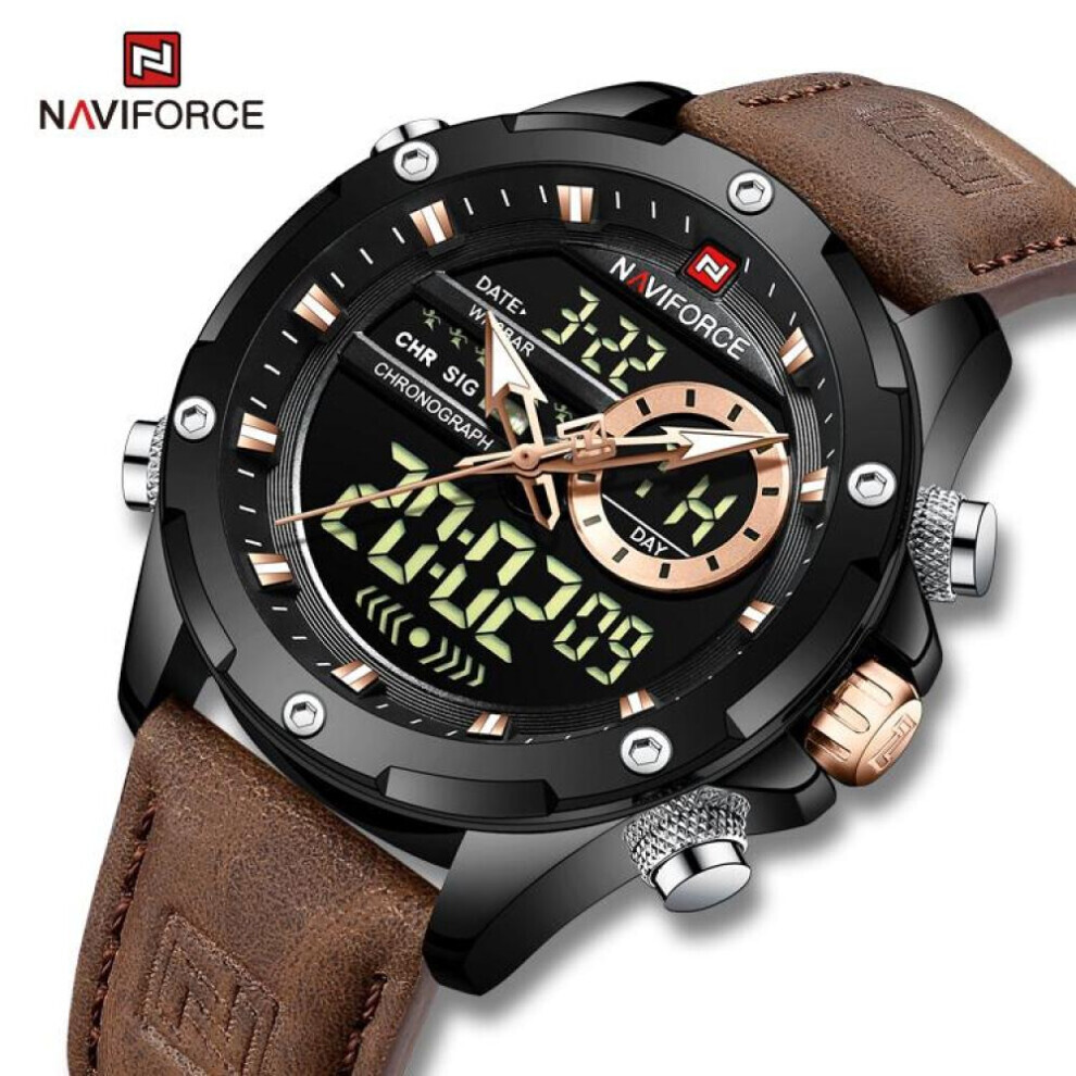 (Black, 260mm) Naviforce NF9208 Dual Display Quartz Analog LCD Digital Men&apos;s Watch Leather Strap