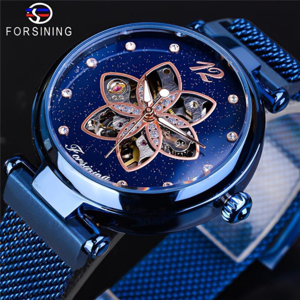 (blue) Forsining Fashion Starry Petal Mechanical Watch Female Elegant Automatic Watch Brand Wrist Watch