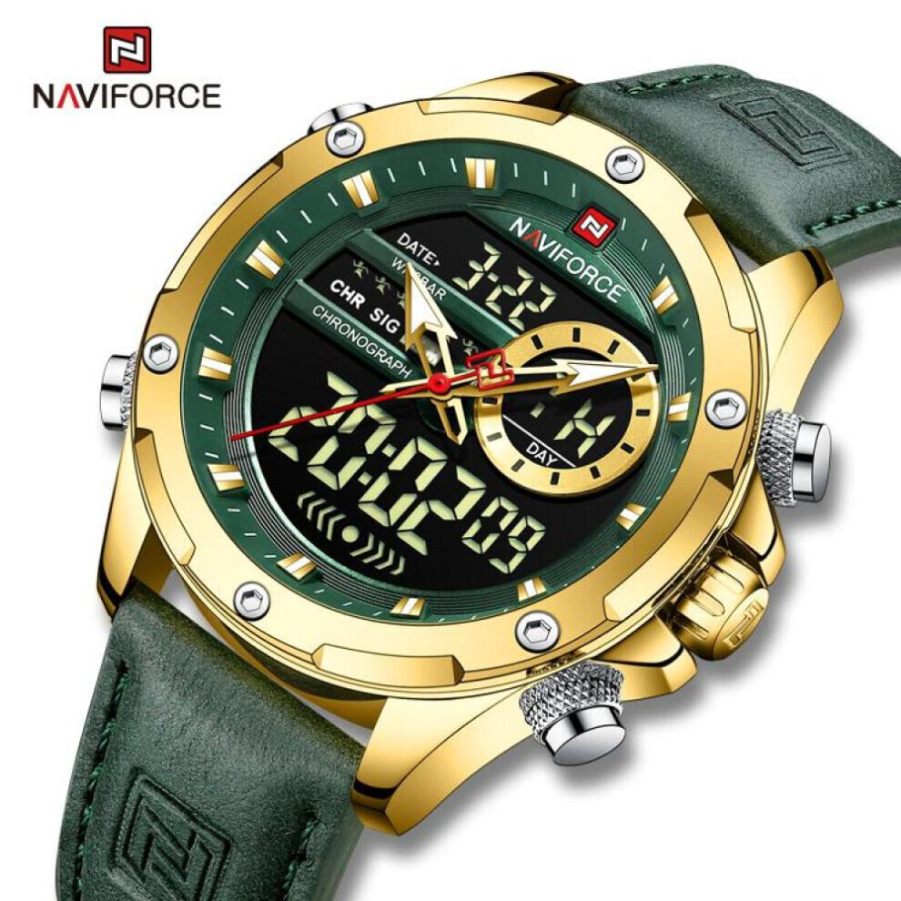 (Gold And Green, 260mm) Naviforce NF9208 Dual Display Quartz Analog LCD Digital Men&apos;s Watch Leather Strap